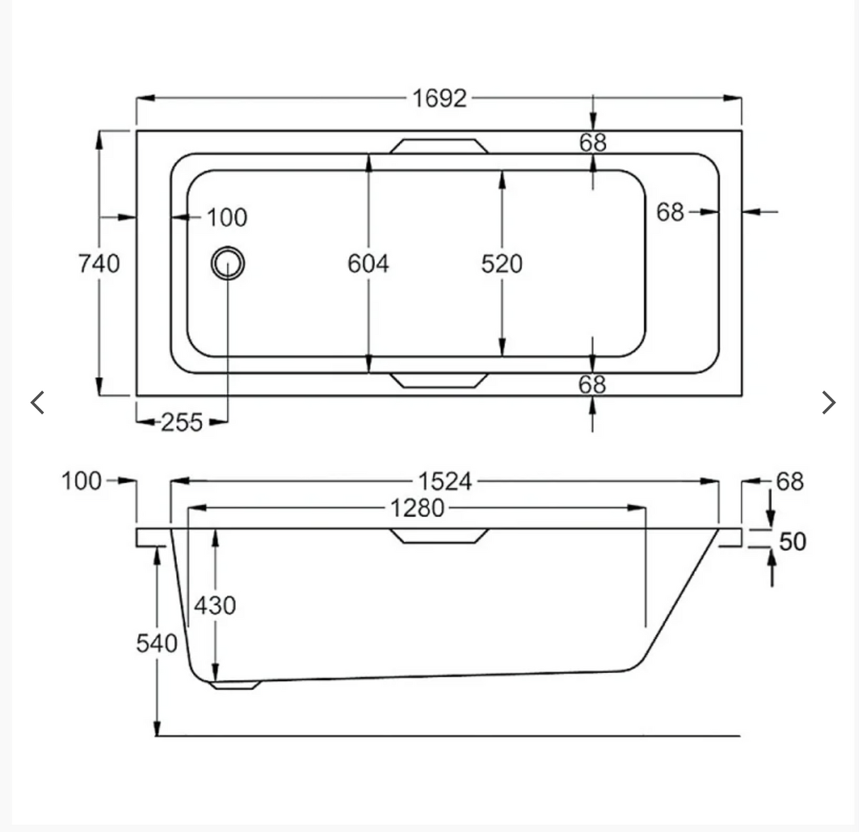 Carron Integra 1700x750mm Single Ended Carronite Bath with Twin Grips- White Gloss (02172)