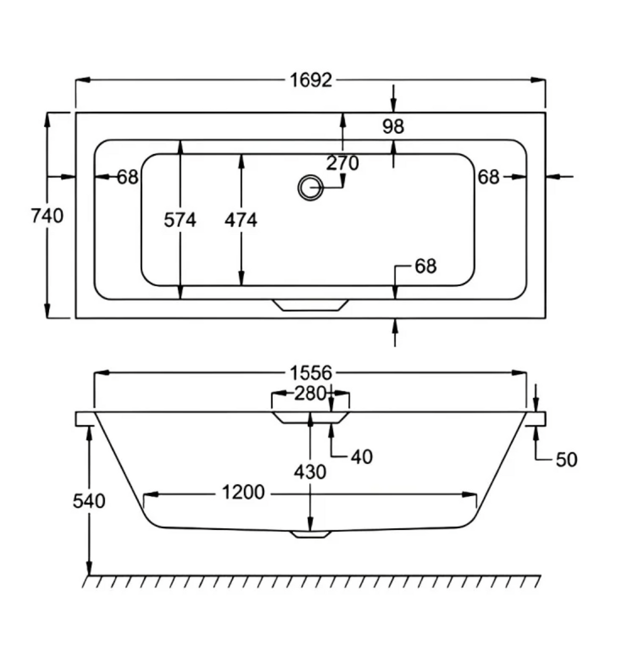 Carron Integra Double Ended Rectangular Acrylic Bath with Single Grip-White Gloss (02463)