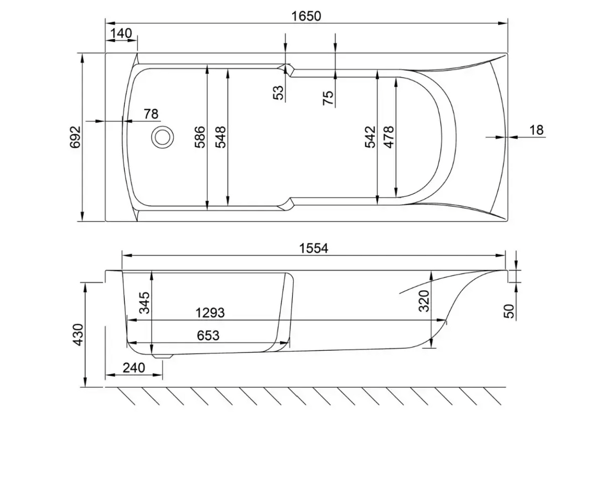 Carron Axis 1650x700mm Single Ended Carronite Bath with Twin Grips- White Gloss (02586T)