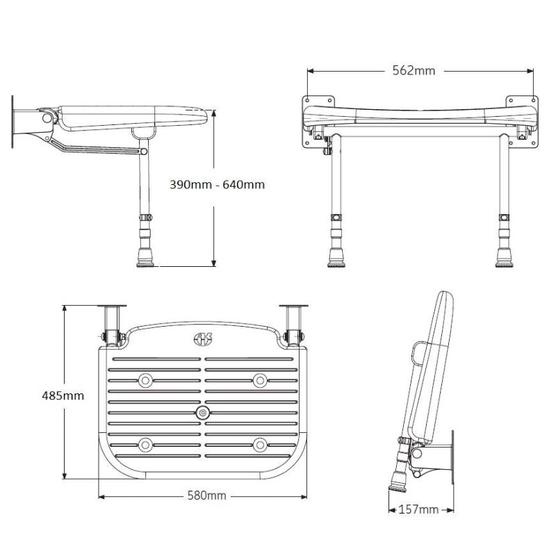 AKW 4000 Series Wall Mounted Extra Wide Fold up Moulded Grey Padded Seat with Support Legs(04210P)