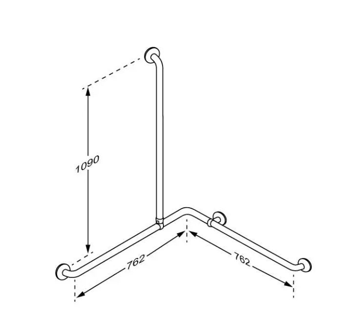 Pressalit PLUS corner shower handrail 762 x 762 x 1090 mm – dimension drawing