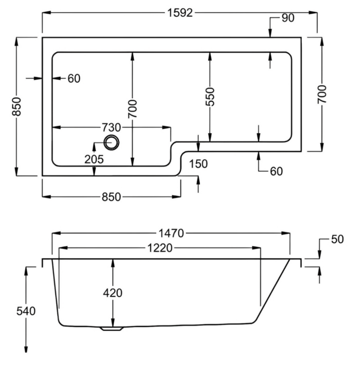 Carron Quantum L Shaped Shower Bath 1600x700(850)mm Left Hand - White Gloss (02386)
