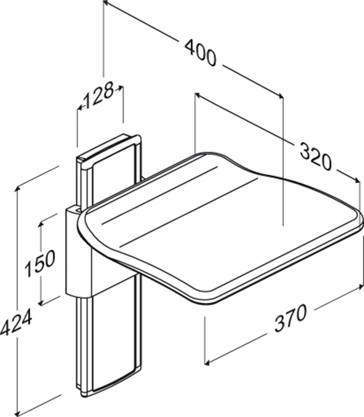 Pressalit PLUS folding seat, height adjustable – dimension drawing (mm)