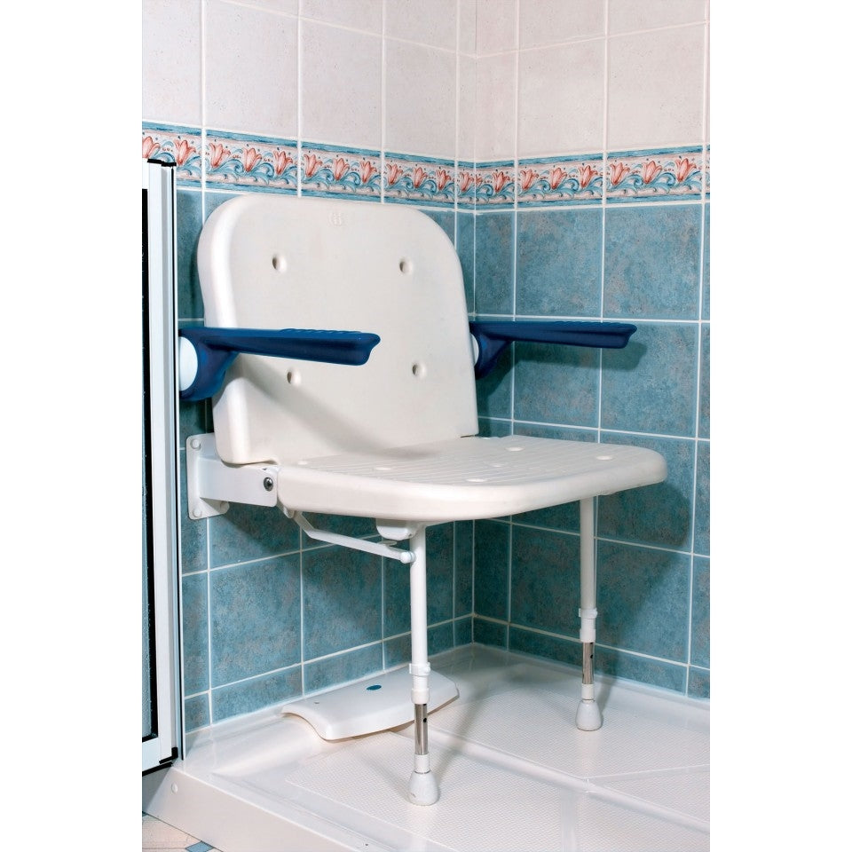 AKW 4000 Series Extra Wide Wall Mounted Shower Seat with Back & Blue Padded Arms (04140)