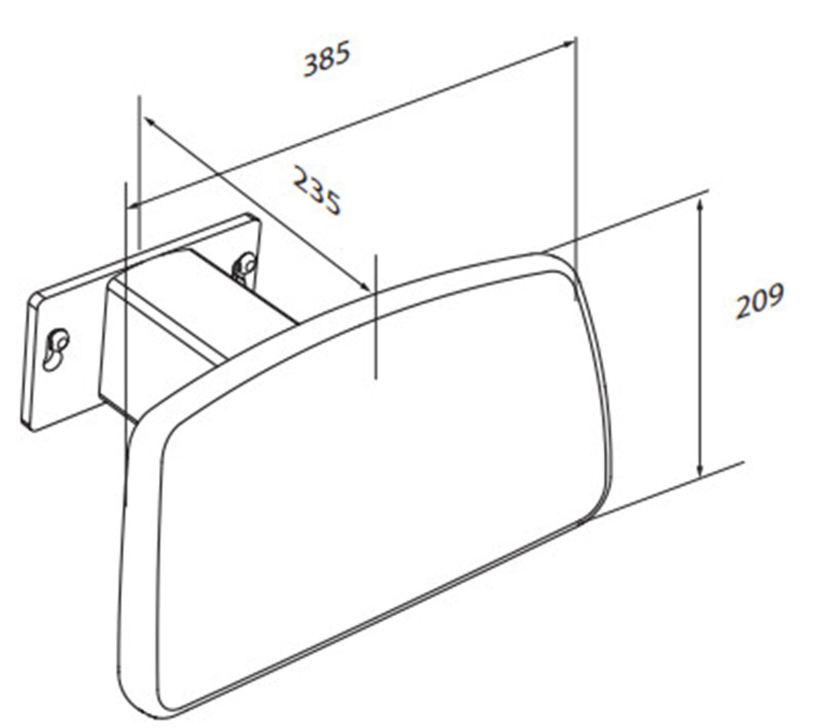 Pressalit PLUS removable backrest for SELECT toilet lifter – dimension drawing (mm)