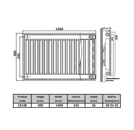 Kartell K-RAD Kompact Type 11 Single Panel & Single Convector Radiator 300mm x 1400mm (S314K)
