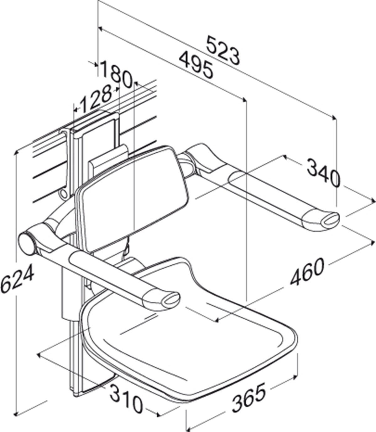 Pressalit PLUS shower seat 310 – dimension drawing (mm)