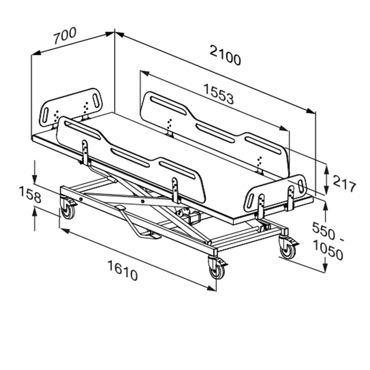 Pressalit MSCT 4 shower change trolley dimension drawing