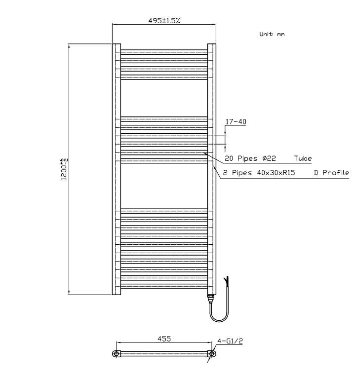 Kartell K-VIT Straight Electric Towel Rail 500x1200mm Thermostatic On/OFF Chrome (ESTR512C)