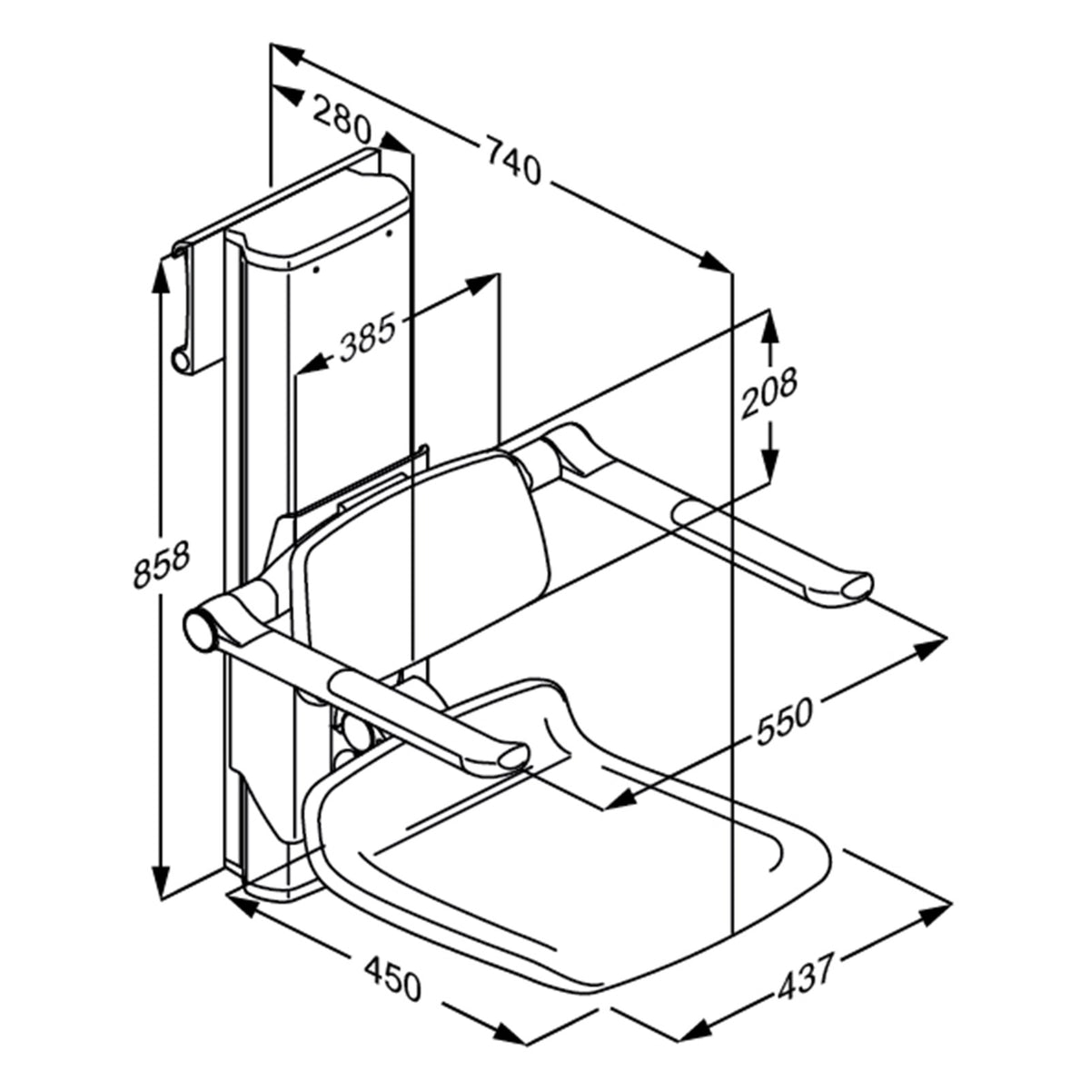 Pressalit PLUS electric shower seat 450 – dimension drawing (mm)