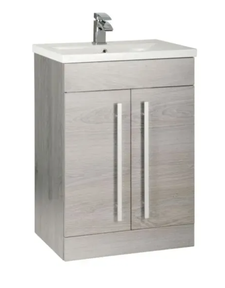 Kartell K-VIT Purity 600mm Floor Standing 2 Door Unit With Mid Depth Ceramic Basin- Silver Oak (PSO600DO-FUR061PU)