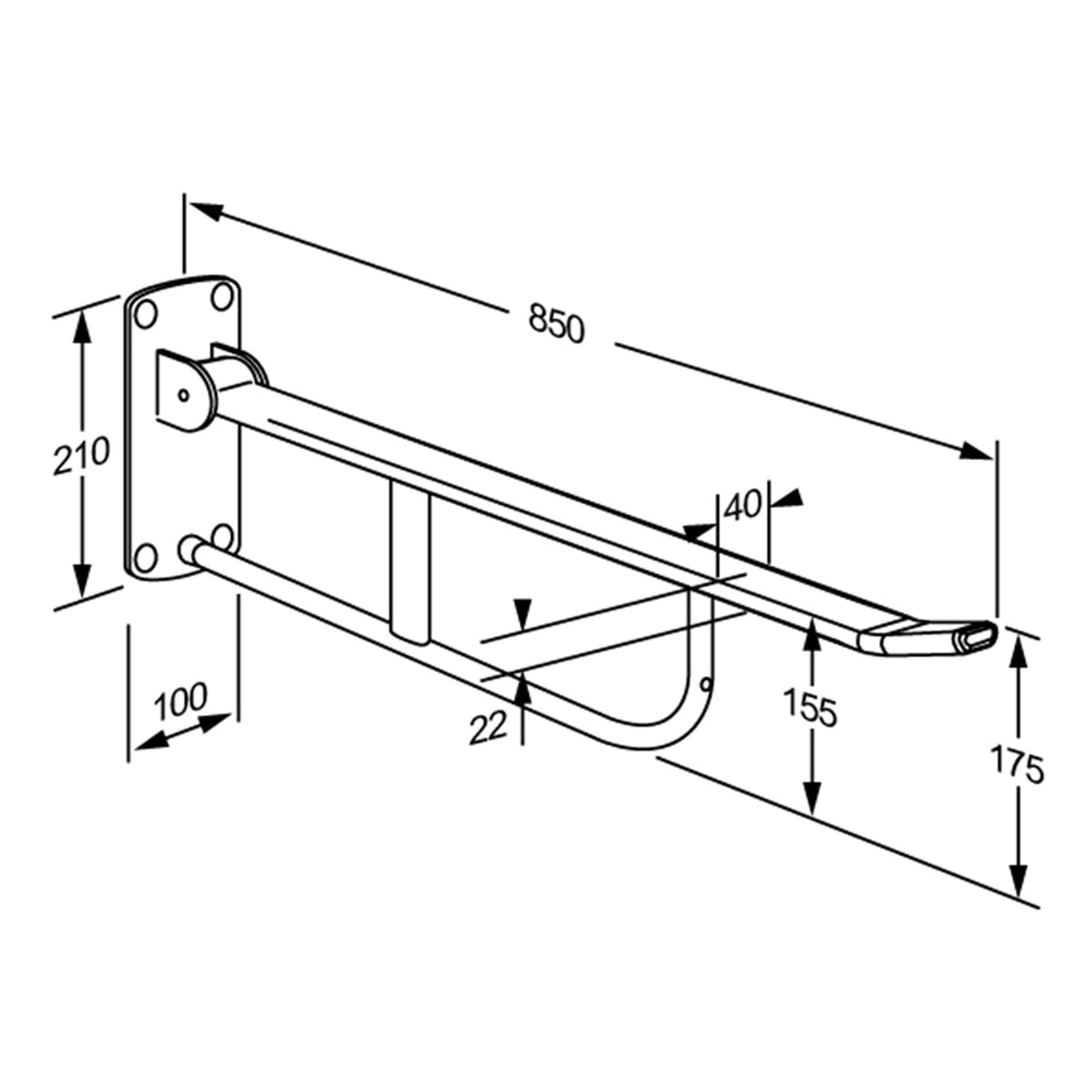 Pressalit VALUE II Support Arm – fixed height dimensioned drawing