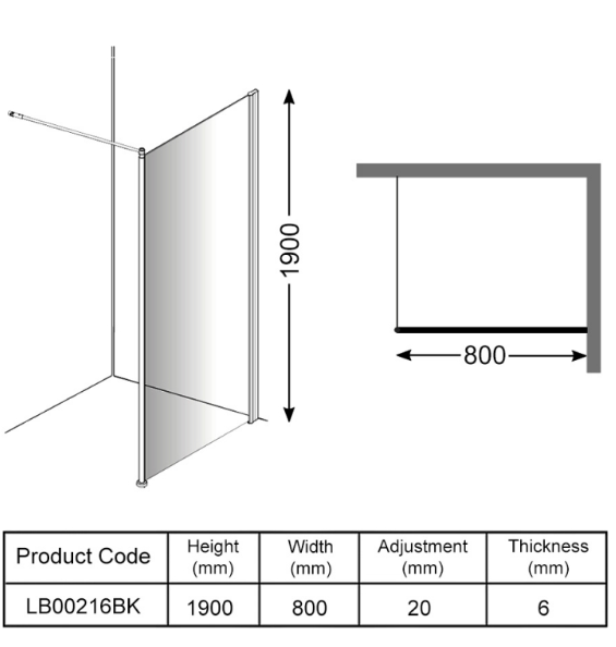 AKW Level Best Option GA Full Height Glass Screen 800mm Black (LB00216BK)