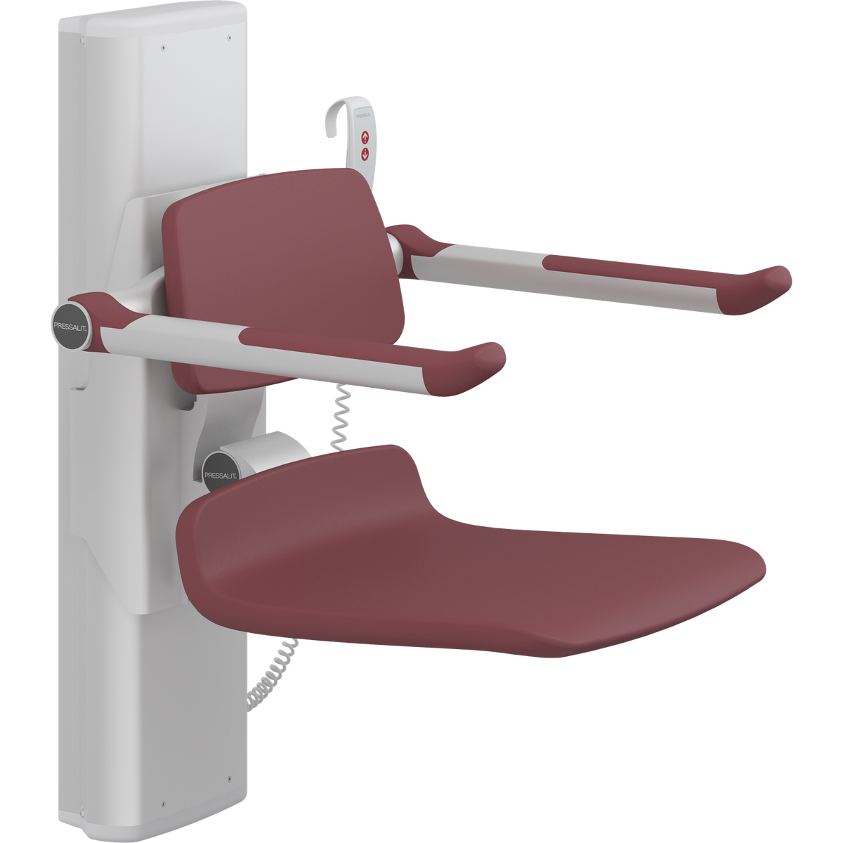 Pressalit PLUS shower seat – 450 mm Electric – Back & Armrests, Standard Seat, Red