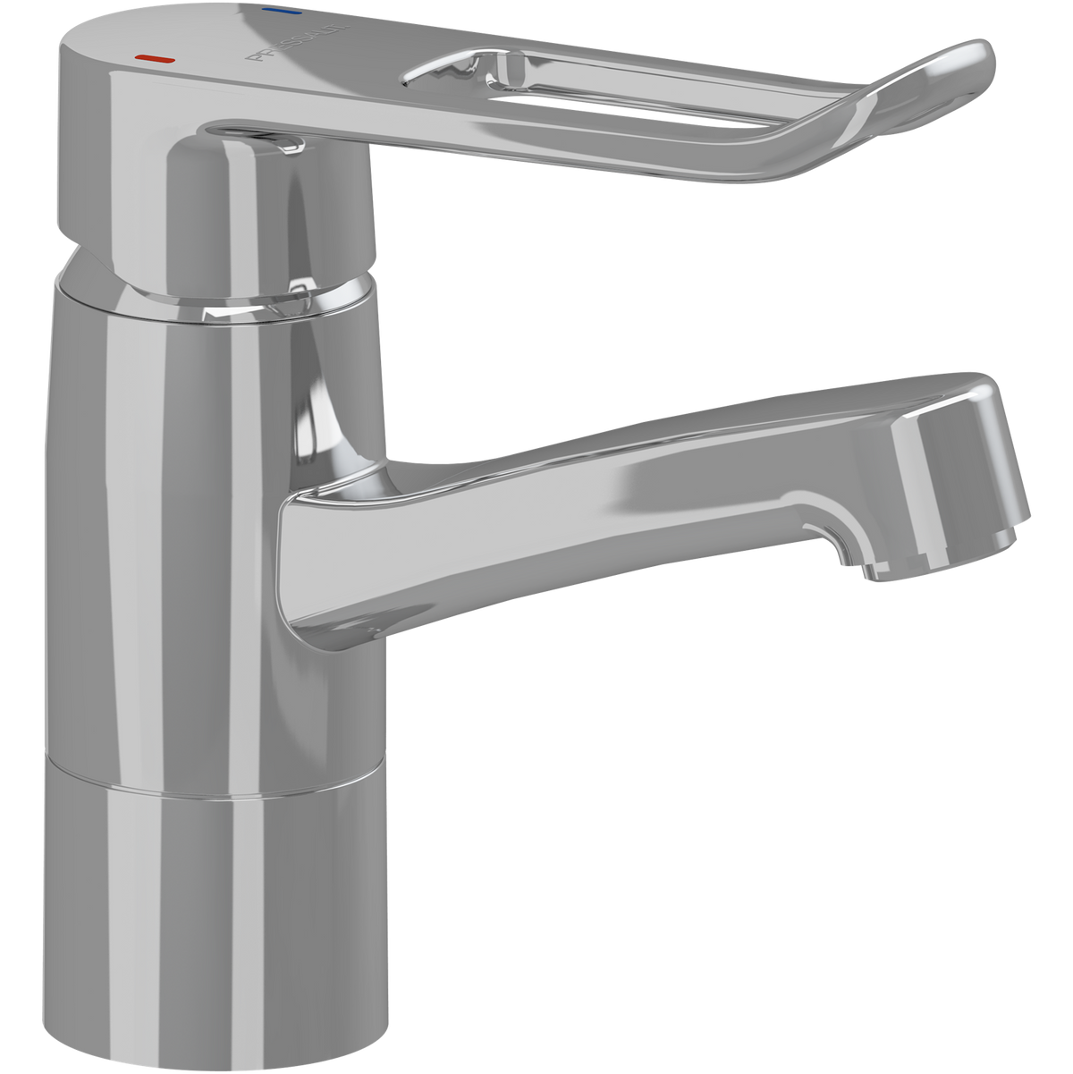 Pressalit RT624 basin mixer tap with long rotatable spout and loop lever, chrome