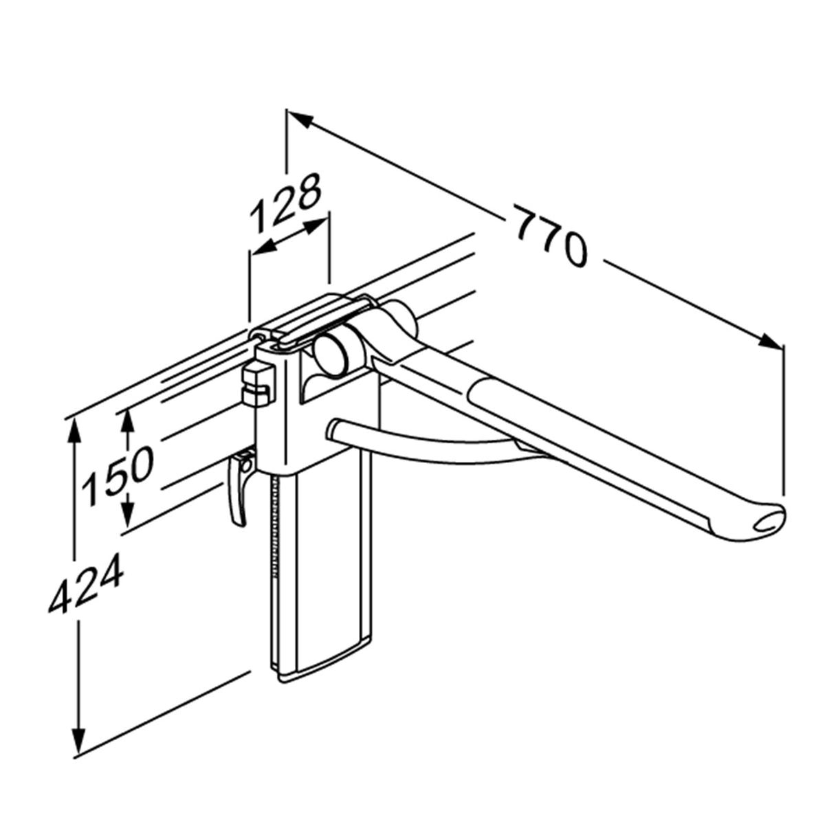 Pressalit PLUS Support Arm, Height & Sideways Adjustable – dimensioned drawing