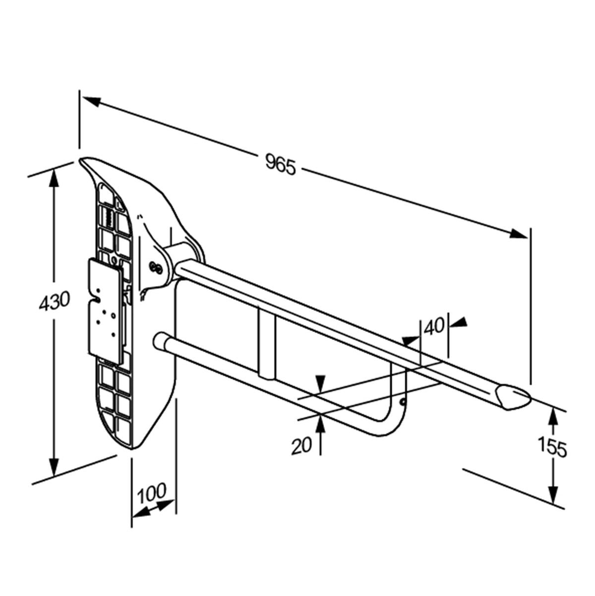 Pressalit VALUE Support Arm for SELECT Toilet Lifters – dimensioned drawing