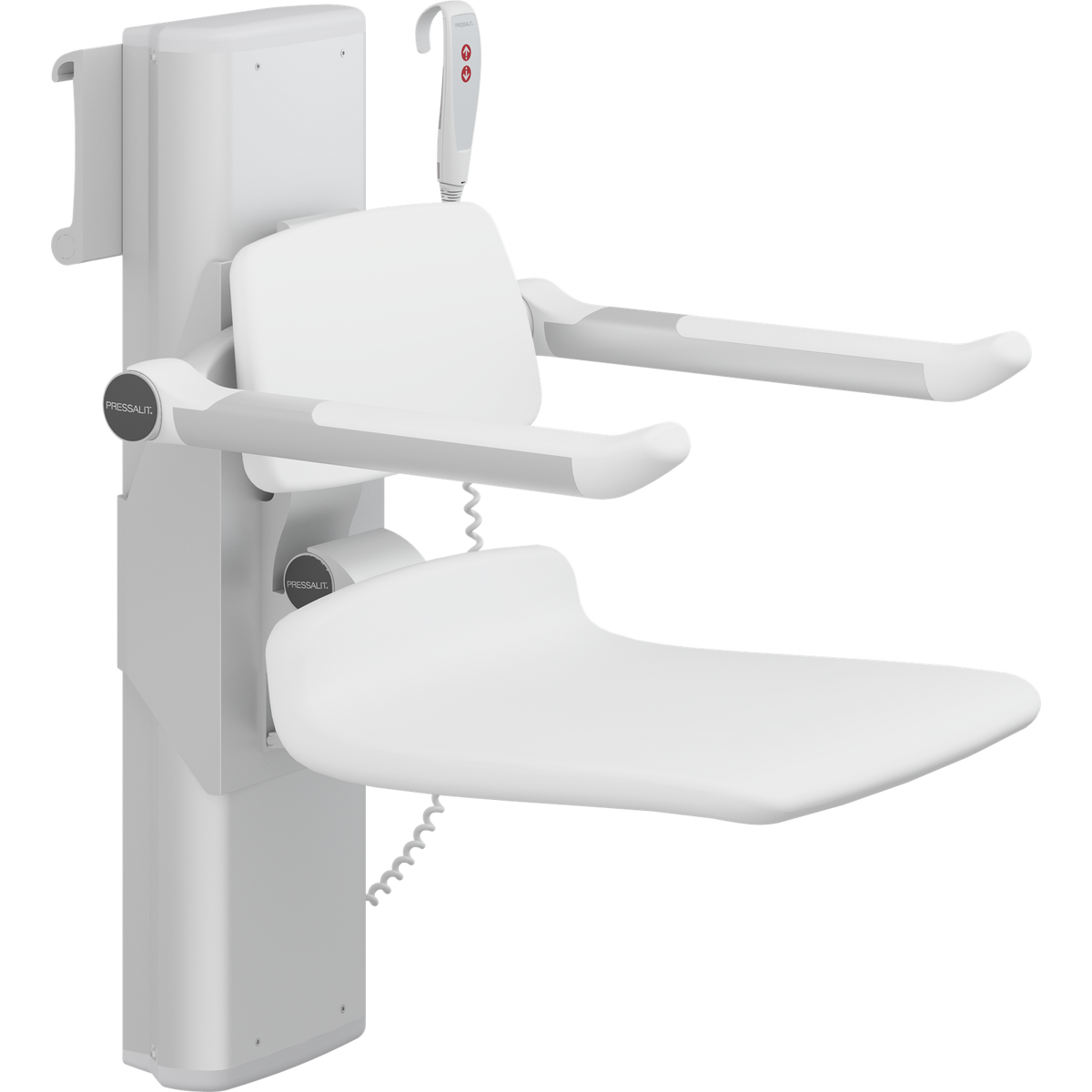 Pressalit PLUS shower seat – 450 mm Electric – Back & Armrests, Standard Seat, White