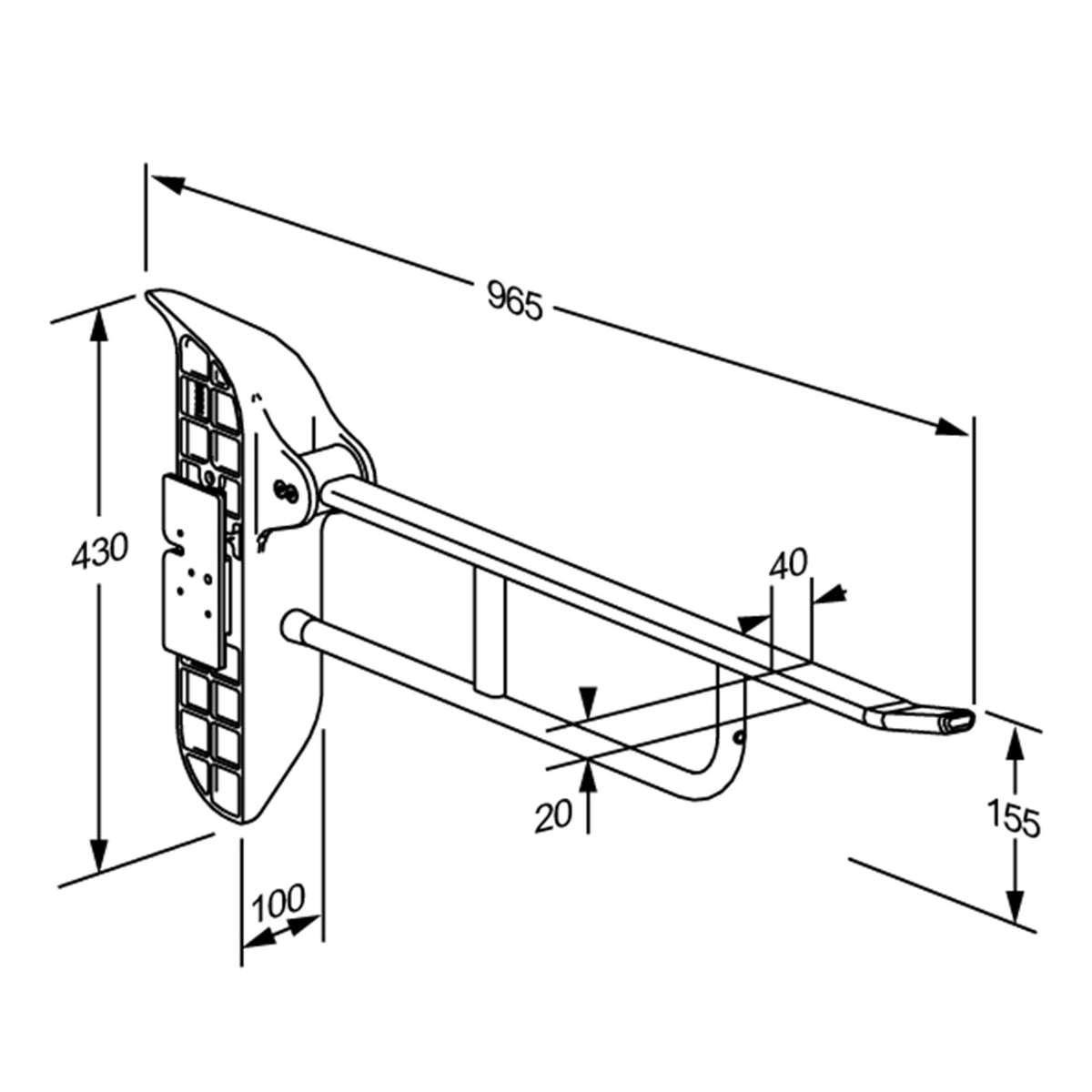 Pressalit VALUE II Support Arm for SELECT Toilet Lifters – dimensioned drawing
