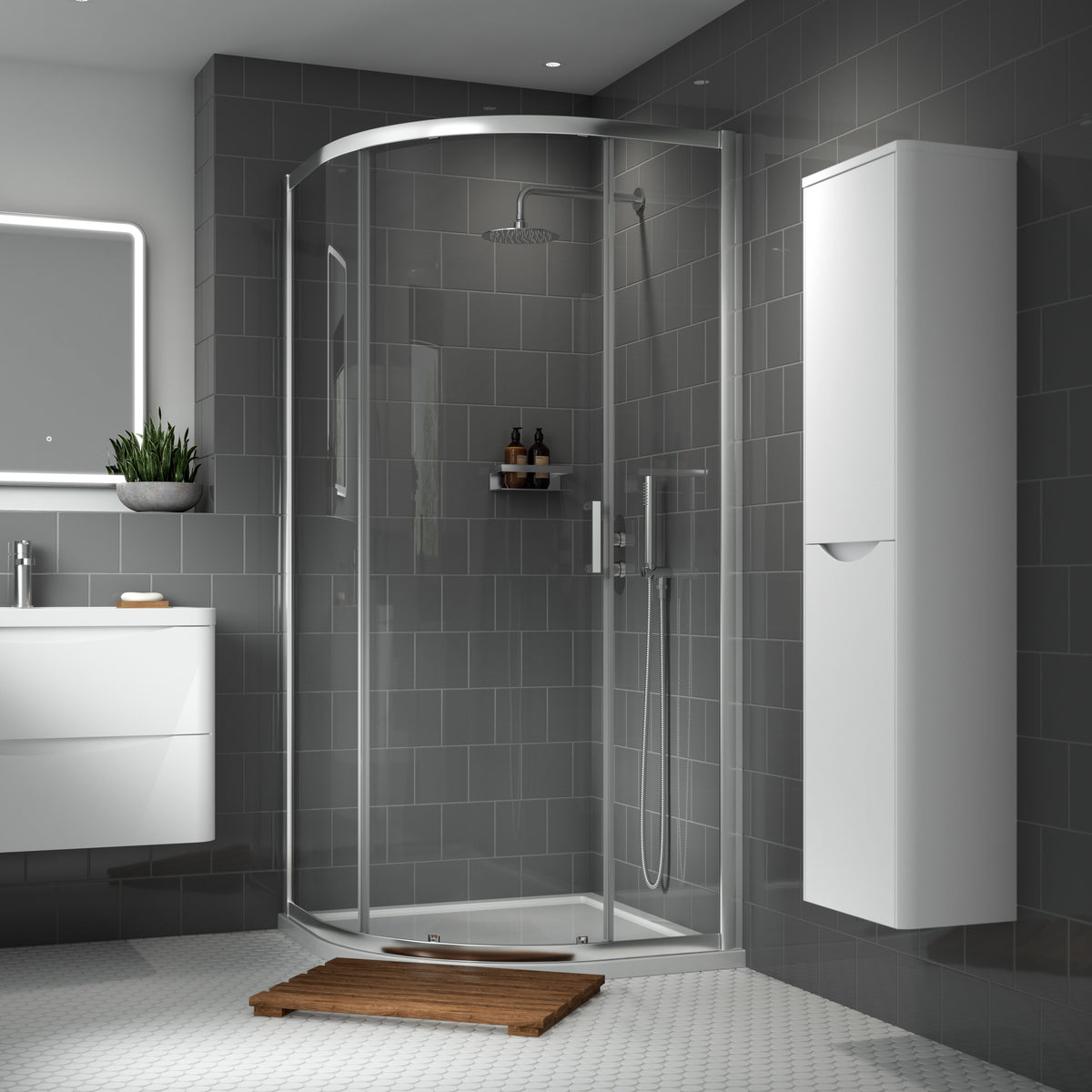 Nuie 900mm Lucie Single Entry Curved Shower Enclosure – Chrome, Brushed Brass or Matt Black