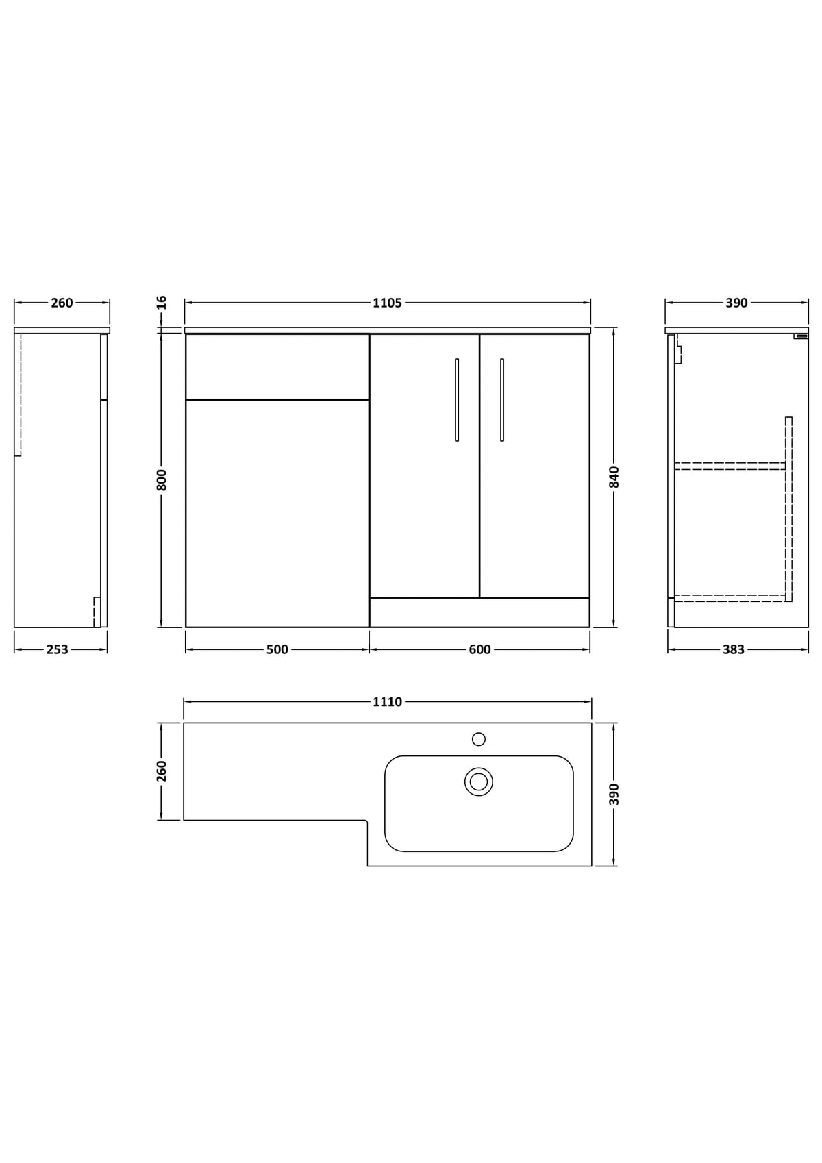 Nuie Arno 1100mm 2 Door Floor Standing Combination Vanity & WC Unit With L-Shaped Basin, photo 23