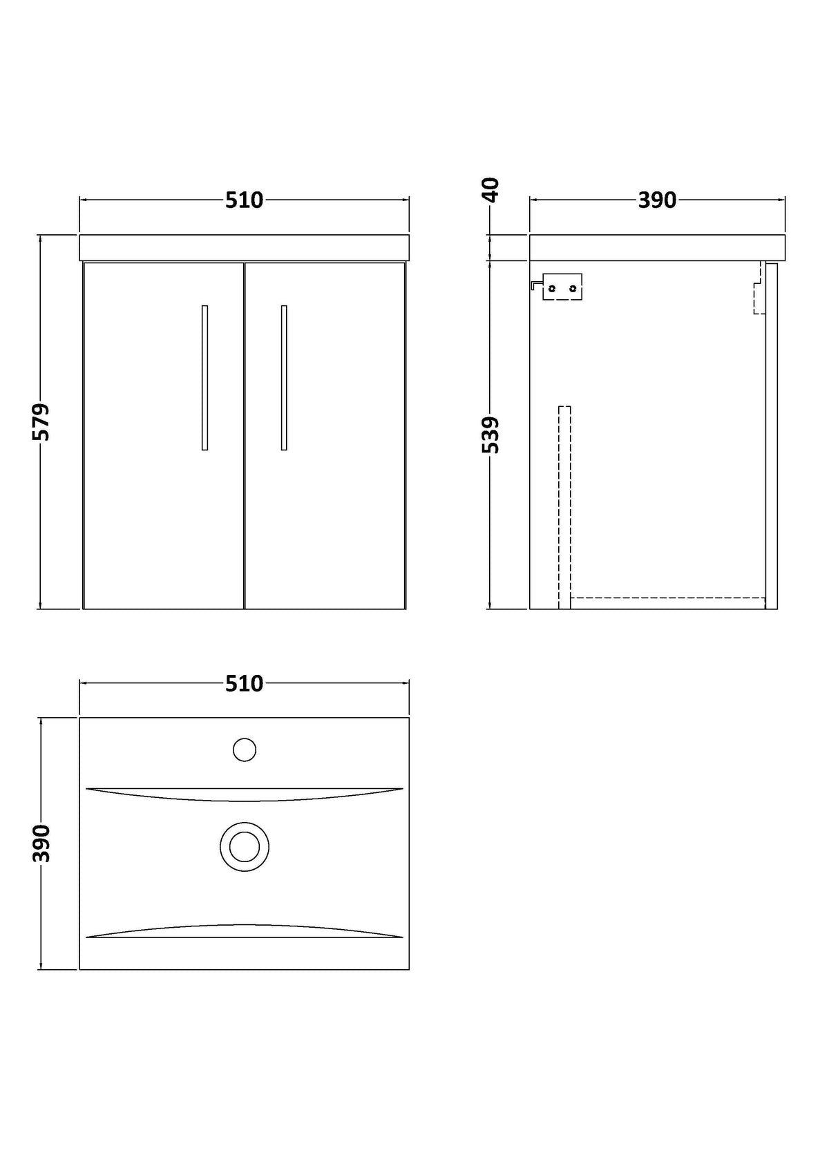 Nuie Arno 2 Door Wall Hung Vanity Unit With Basin – 500mm & 600mm, photo 14
