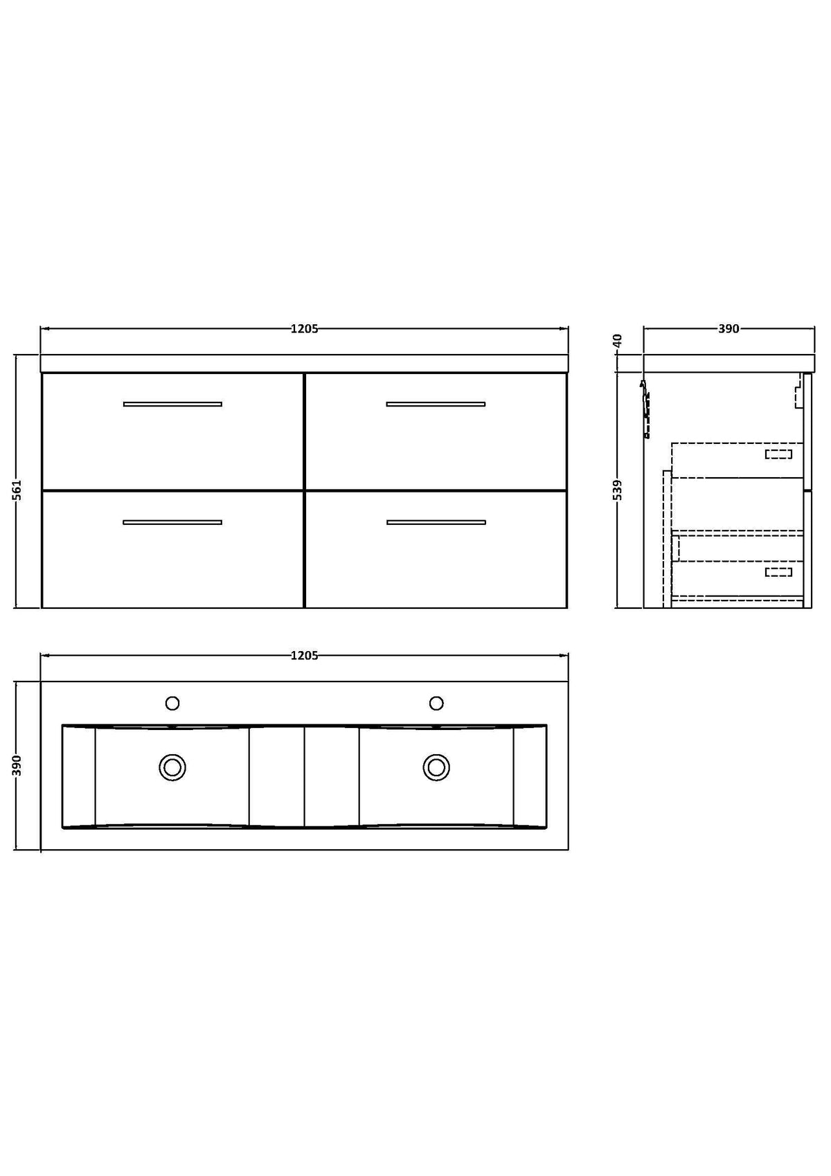 Nuie Arno 1200mm 4 Drawer Wall Hung Twin Vanity Unit With Basin, photo 12