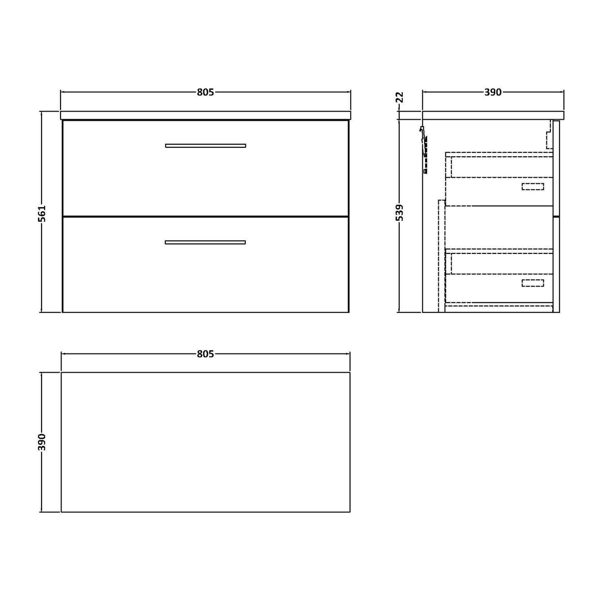 Nuie Arno 2 Drawer Wall Hung Vanity Unit With Worktop – 600mm, 800mm & 1200mm, photo 14