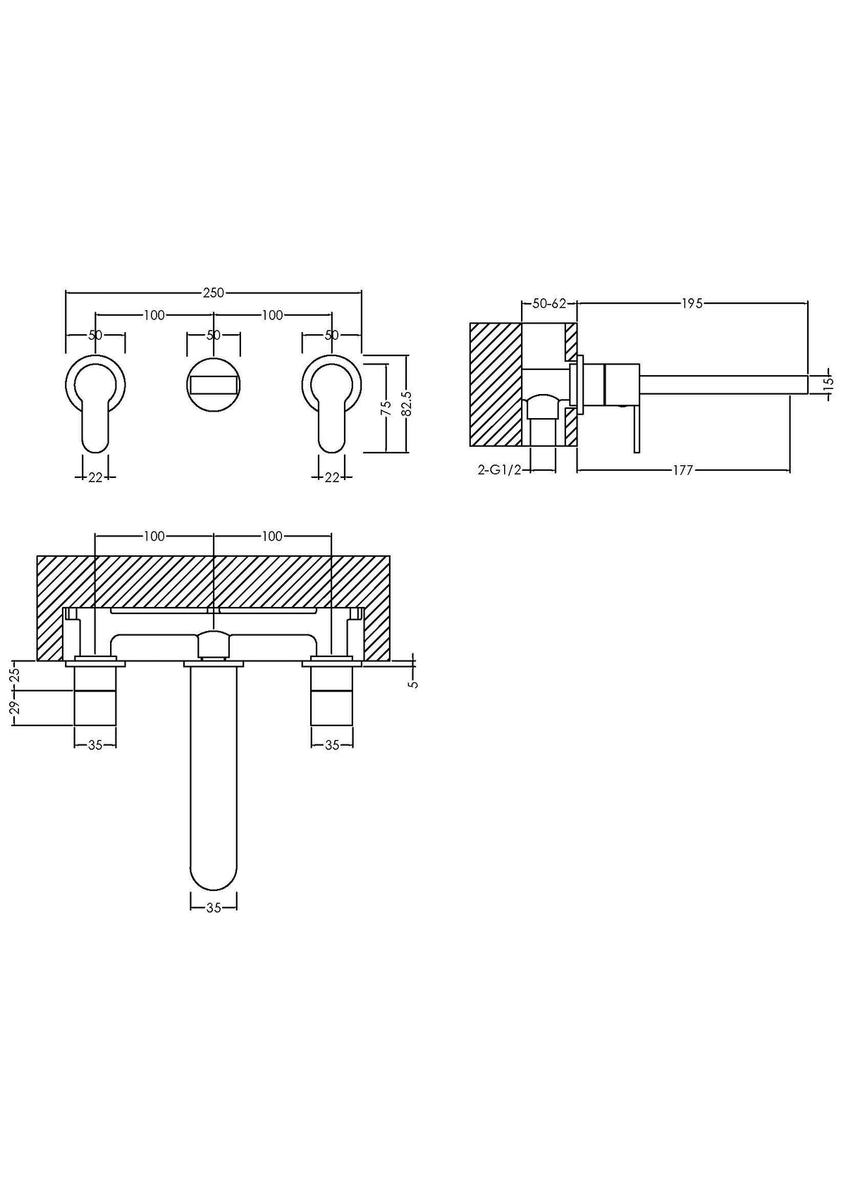 Nuie Arvan 3 Tap Hole Wall Mounted Basin Mixer – Chrome, photo 3