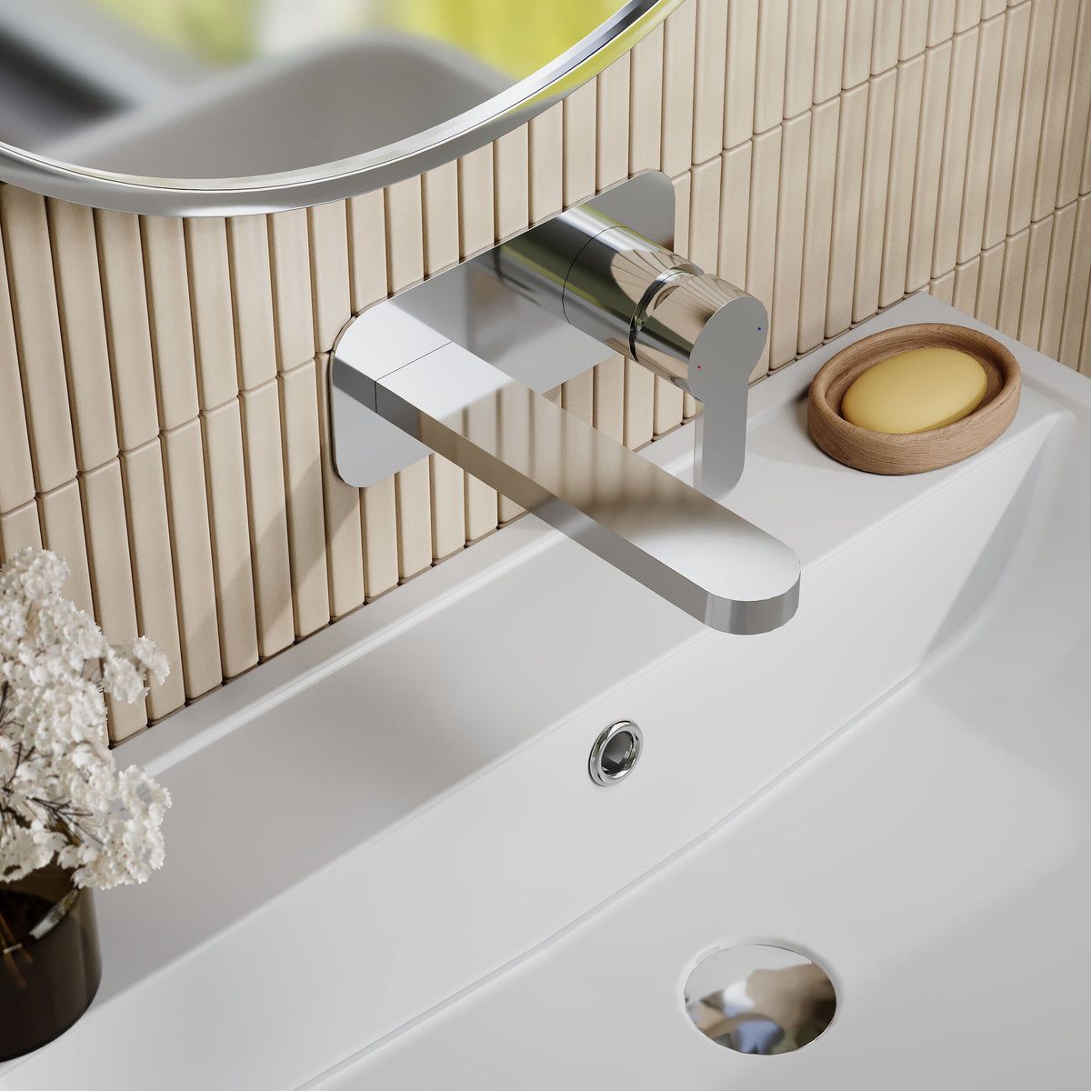 Nuie Arvan Wall Mounted Basin Mixer 2 Tap Hole With Plate – Chrome, photo 4