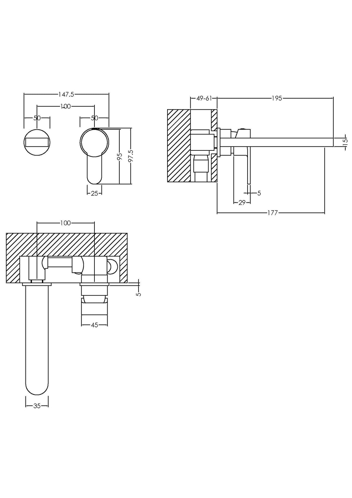 Nuie Arvan 2 Tap Hole Wall Mounted Basin Mixer 2 Tap Hole – Chrome, photo 3