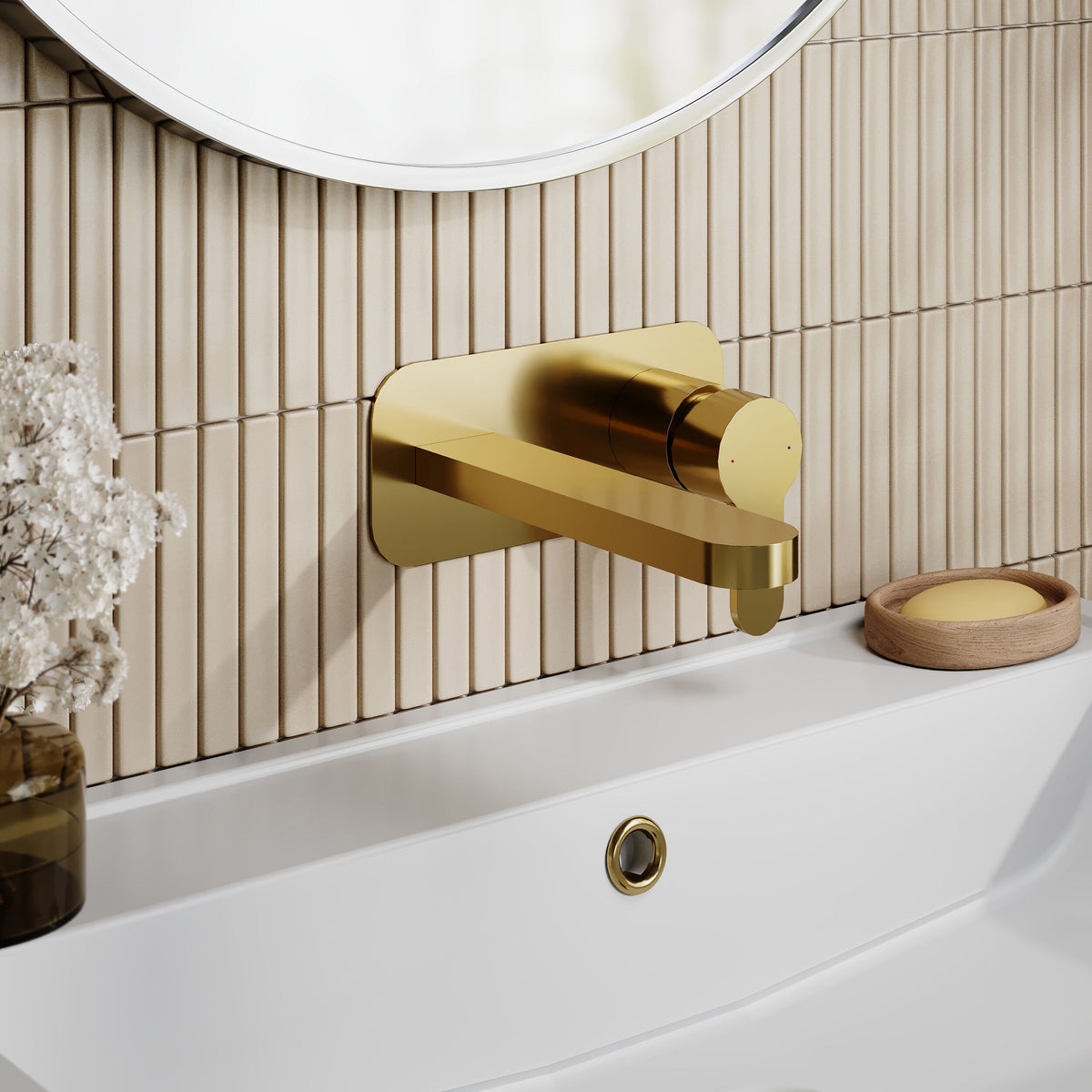 Nuie Arvan Wall Mounted 2 Tap Hole Basin Mixer With Plate – Brushed Brass