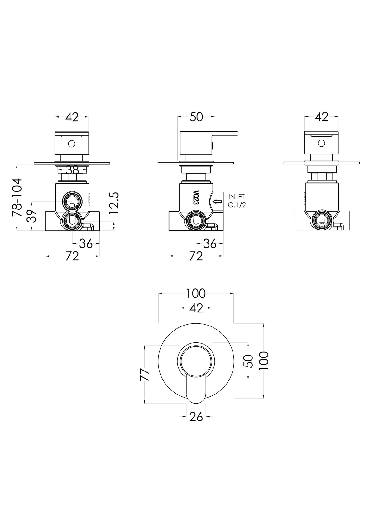 Nuie Arvan Triple Concealed Shower Valve With Diverter – Chrome, photo 2