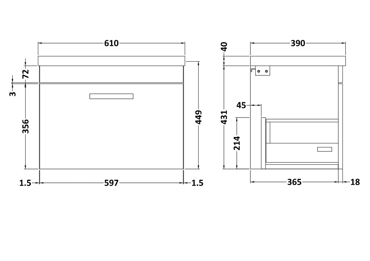 Nuie Athena 1 Drawer Wall Hung Vanity Unit With Basin – 500mm, 600mm & 800mm, photo 10