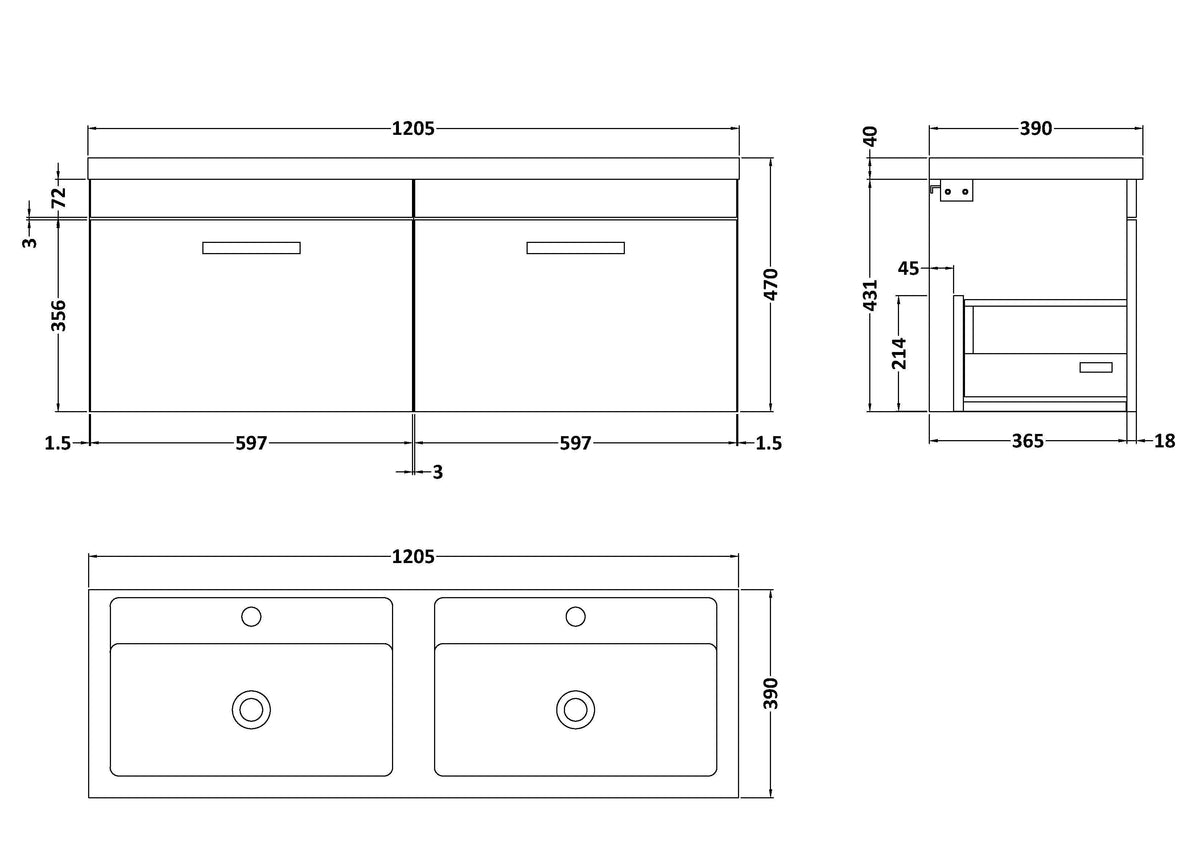 Nuie Athena 1200mm 2 Drawer Wall Hung Twin Vanity Unit With Basin, photo 7