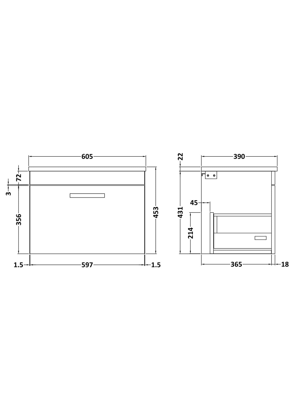 Nuie Athena 1 Drawer Wall Hung Vanity Unit With Worktop – 500mm, 600mm & 800mm, photo 10