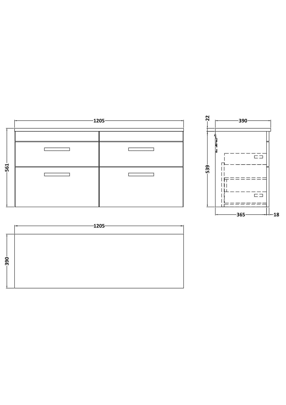 Nuie Athena 1200mm 4 Drawer Wall Hung Vanity Unit With Worktop, photo 7