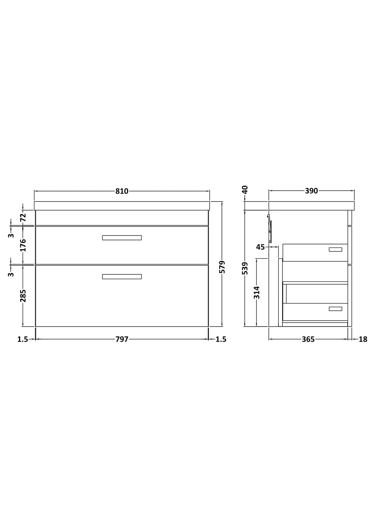 Nuie Athena 2 Drawer Wall Hung Vanity Unit With Basin – 500mm, 600mm & 800mm, photo 11