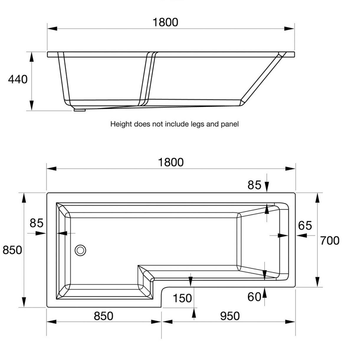 Kartell K-VIT Elite 1800mm x 850mm L Shaped Shower Bath Right Hand With Legs- White Gloss (BAT156ELB)