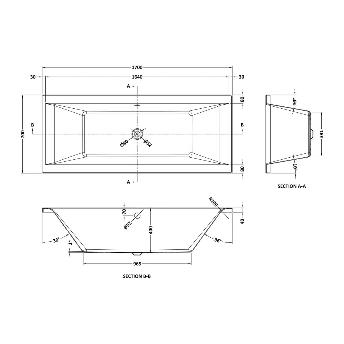 Nuie Asselby Eternalite Square Double Ended Bath With Legs – 1700 x 700mm, 1700 x 750mm & 1800 x 800mm, photo 3