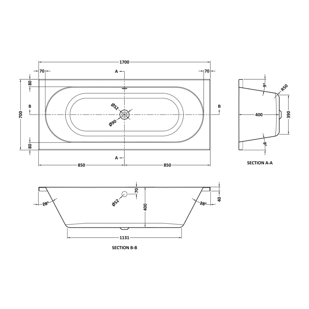Nuie Otley Eternalite Round Double Ended Bath With Legs – 1700 x 700mm, 1700 x 750mm & 1800 x 800mm, photo 3