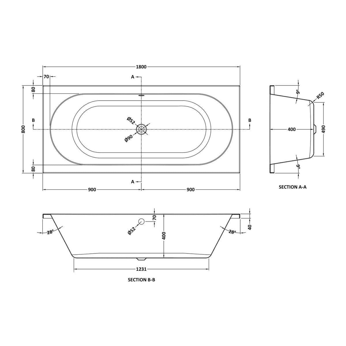 Nuie Otley Eternalite Round Double Ended Bath With Legs – 1700 x 700mm, 1700 x 750mm & 1800 x 800mm, photo 5
