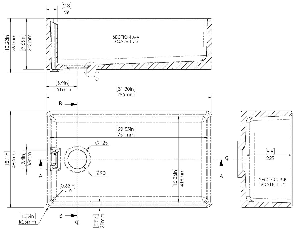 Nuie Fireclay Single Bowl Belfast Sink With Offset Waste And Weir Overflow – 460 x 380mm, 595 x 455mm, 795 x 460mm & 895 x 460mm, photo 6