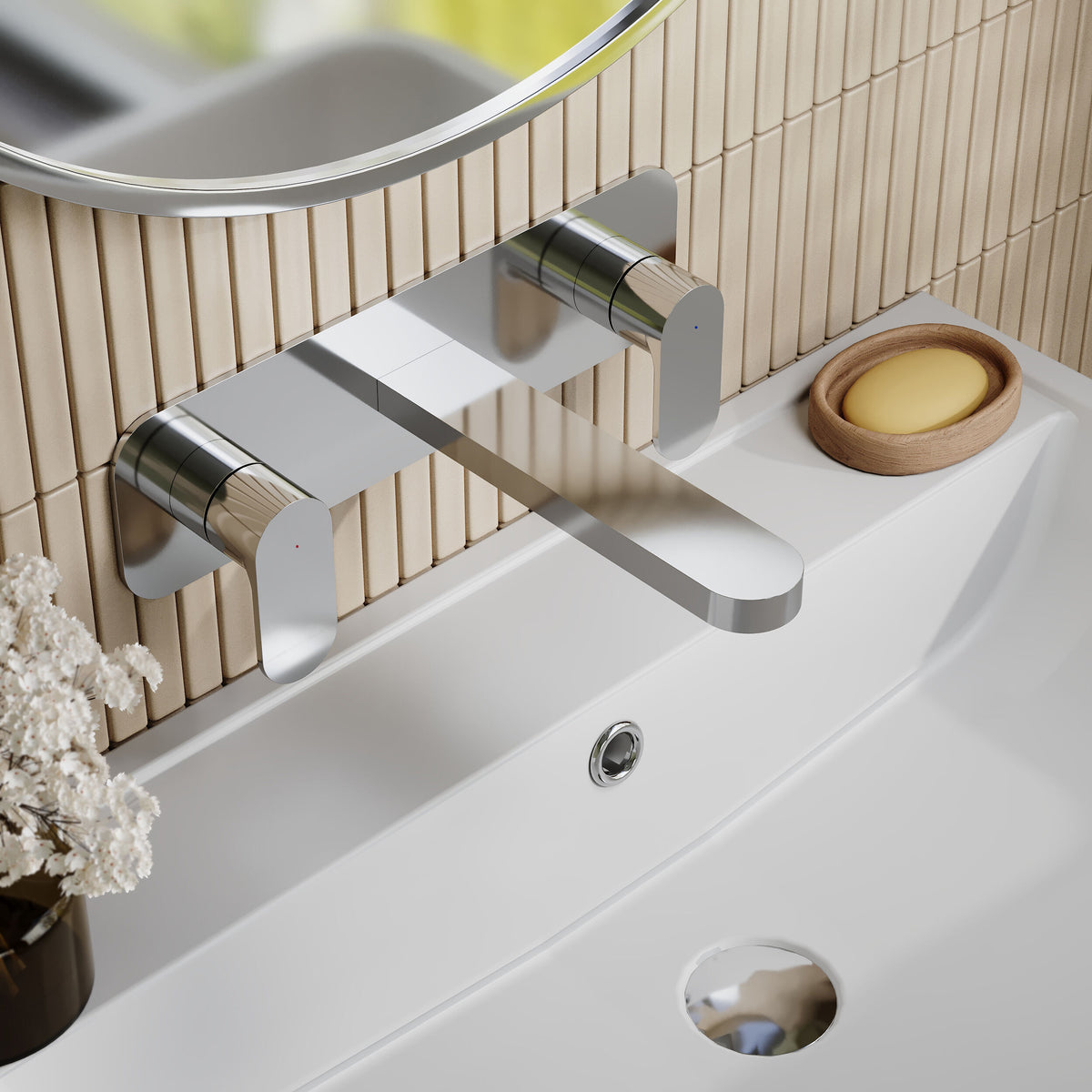 Nuie Binsey 3 Tap Hole Wall Mounted Basin Mixer With Plate – Chrome, photo 4