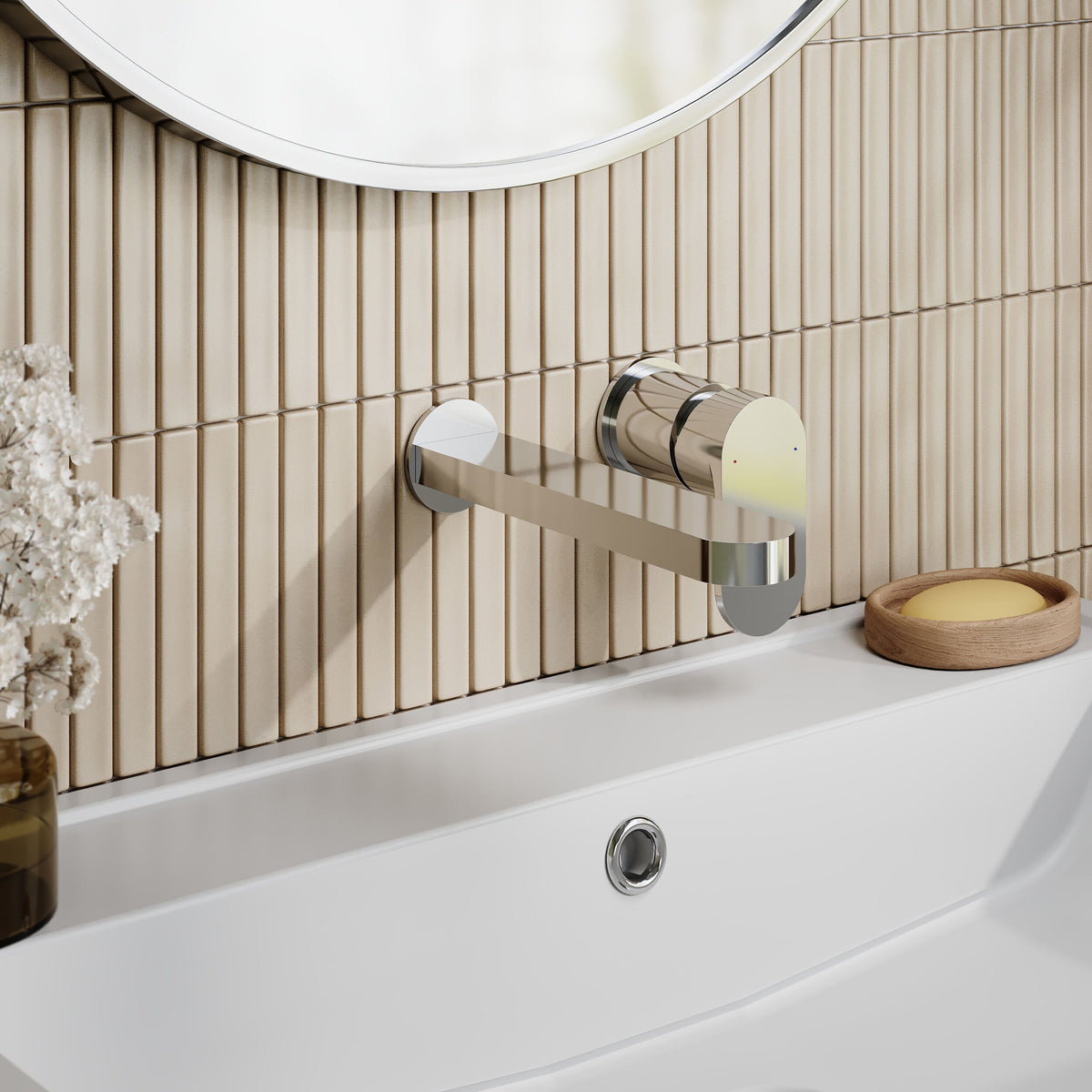 Nuie Binsey 2 Tap Hole Wall Mounted Basin Mixer – Chrome, Matt Black or Brushed Brass