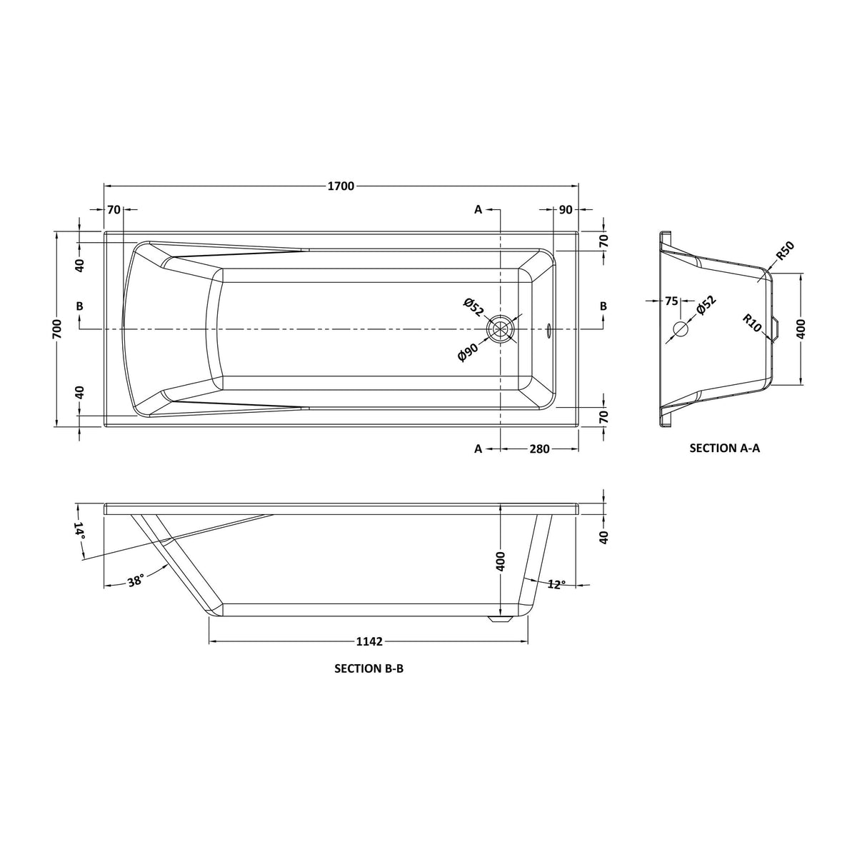 Nuie Linton Eternalite Square Single Ended Bath With Legs – 1700 x 700mm, 1700 x 750mm & 1800 x 800mm, photo 3