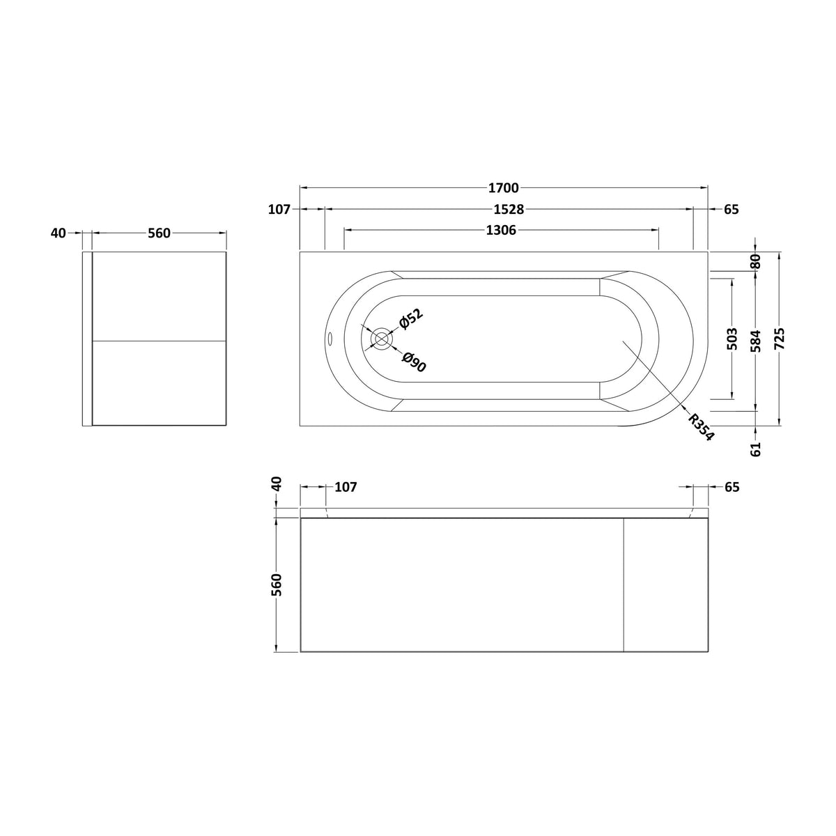 Nuie Crescent 1700mm Curved Corner Bath With Legs And Panel – White, photo 3