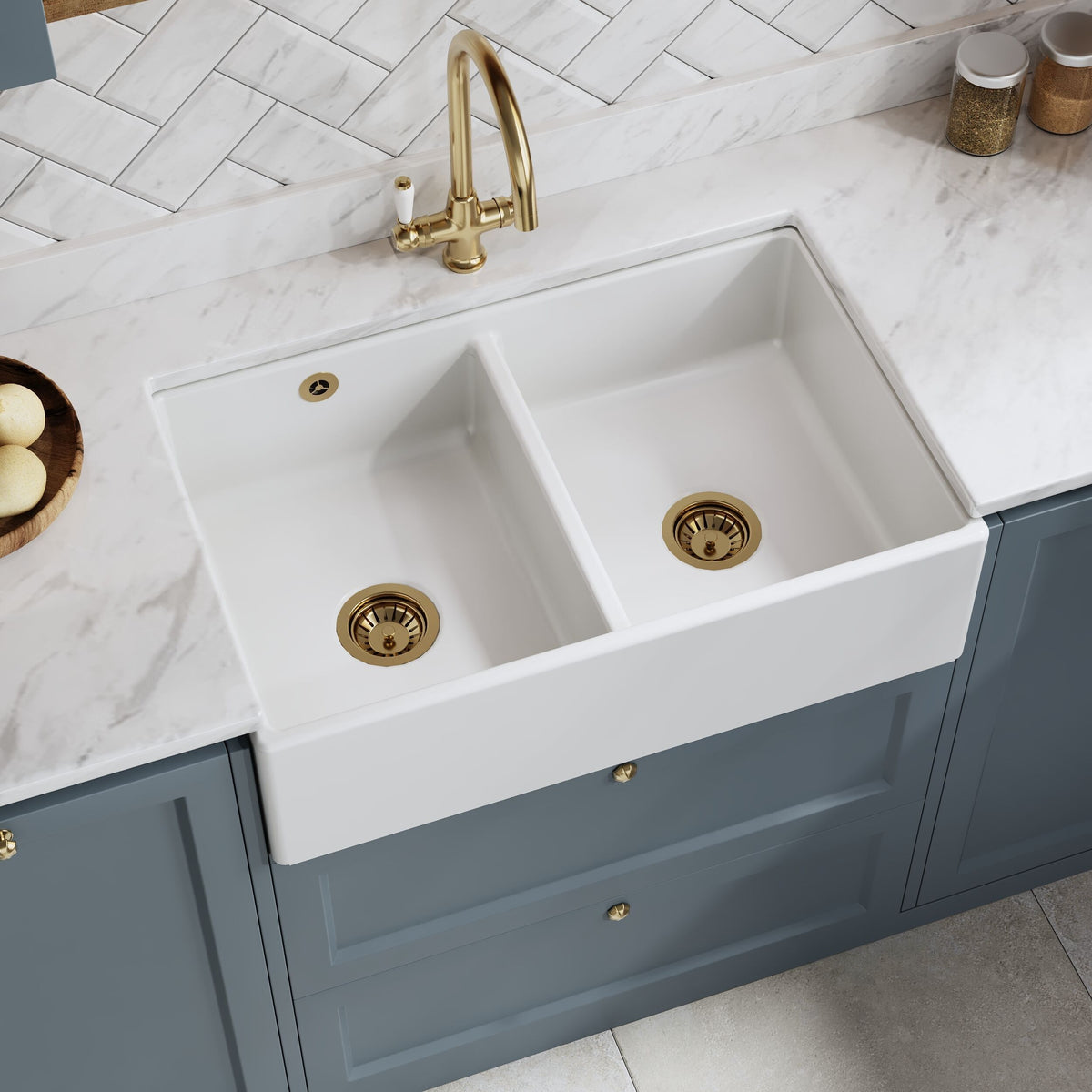 Nuie 795 x 500mm Fireclay Double Bowl Butler Sink With Stepped Weir And Overflow – White, photo 4