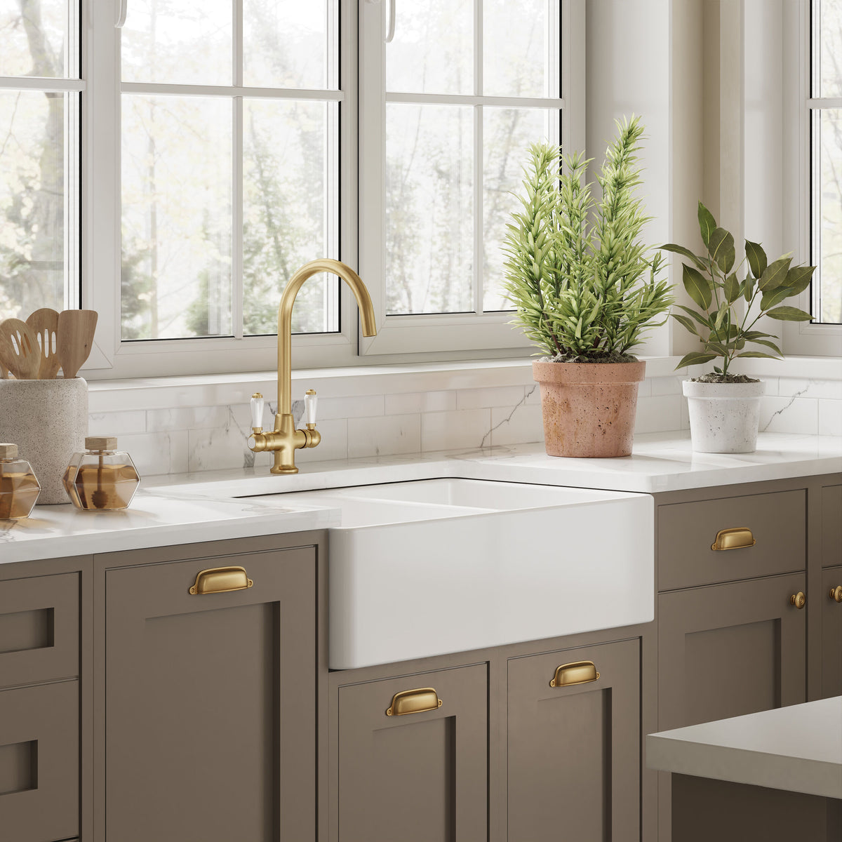 Nuie 795 x 500mm Fireclay Double Bowl Butler Sink With Offset Waste And Full Weir – White, photo 4