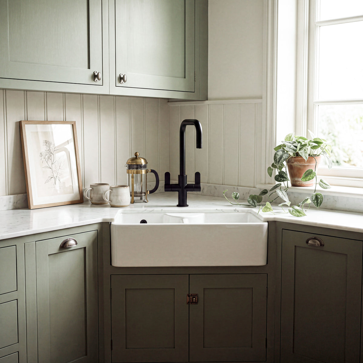 Nuie 895 x 550mm Fireclay Double Bowl Butler Sink With Stepped Weir And Tap Ledge – White, photo 4